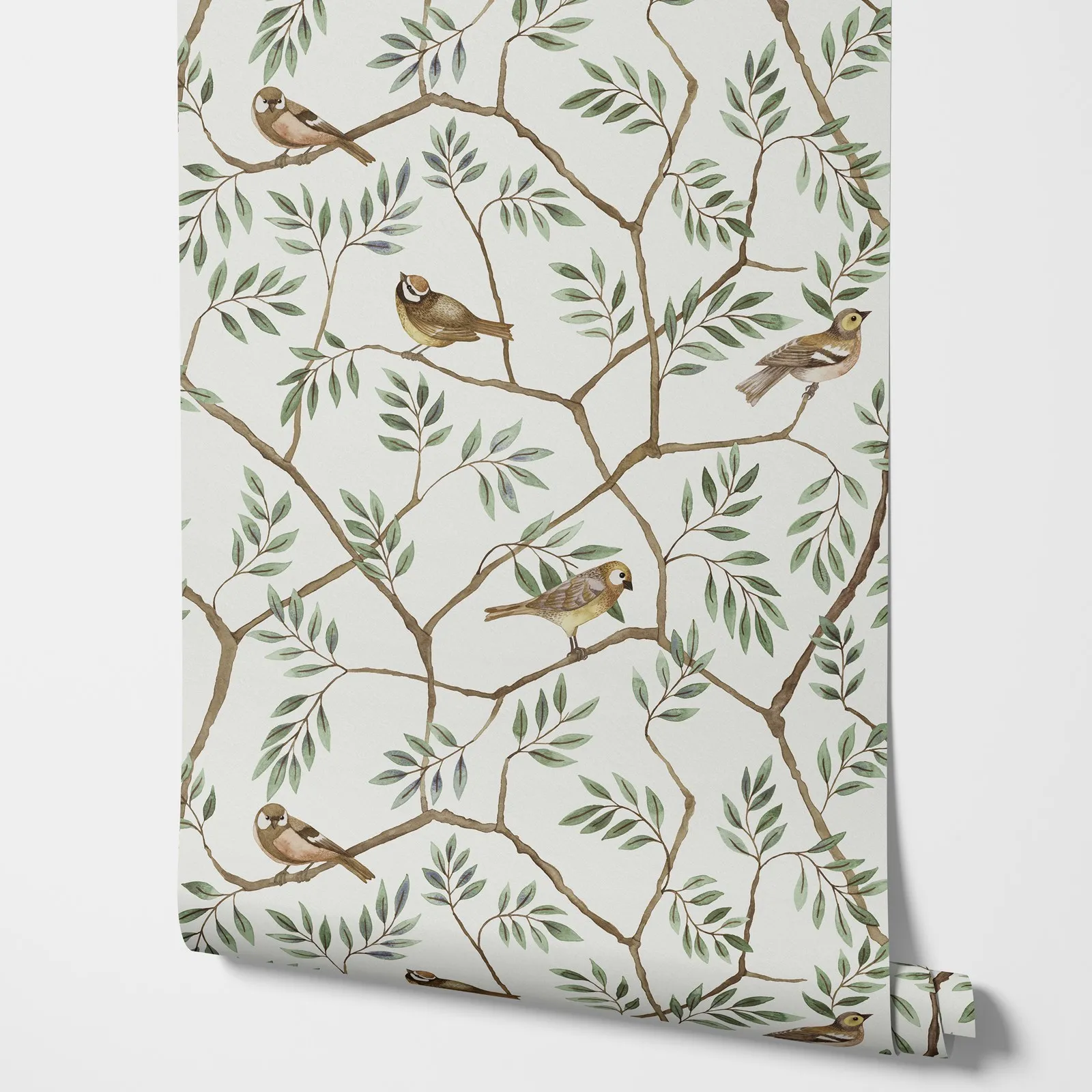 Scandinavian Style Botanical Wallpaper, Birds Wallpaper with Morgongava Trees and Green Leaves in light back