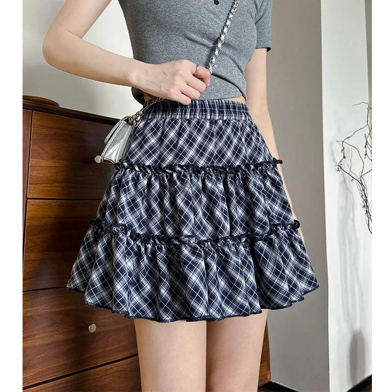 

Клетчатая пышная юбка-миди для женщин, лето 2025, новая короткая юбка трапециевидной формы с высокой талией в студенческом стиле, миниатюрная юбка-тортик