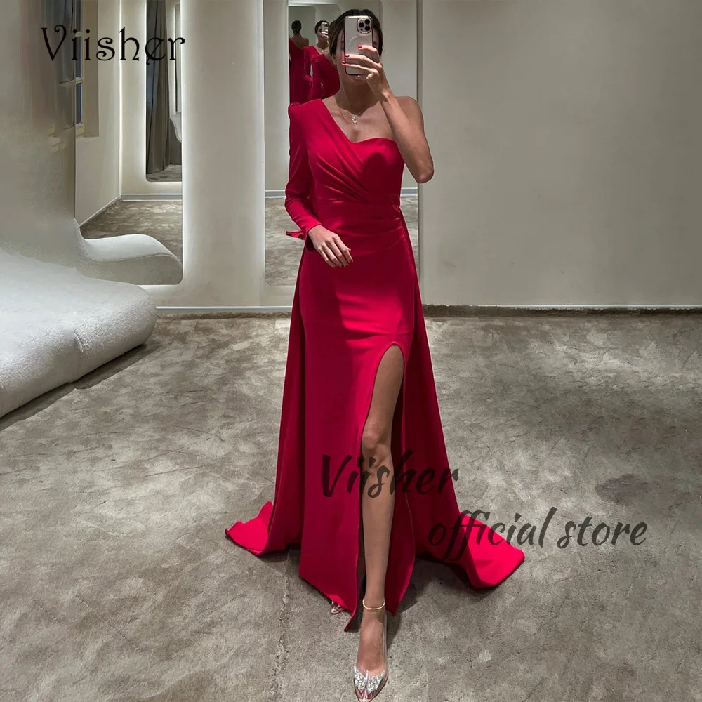 

Viisher Red One Shoulder Mermaid Evening Dresses Pleats Satin Long Dubai Prom Party Dress with Slit Saudi Arabic Formal Gowns