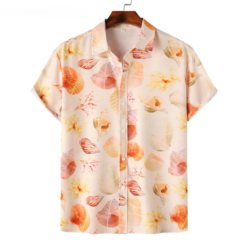 

Men's Clothing Summer Beach Shell Print Vacation Button Shirt Men's Loose Open Front Street Clothing Top