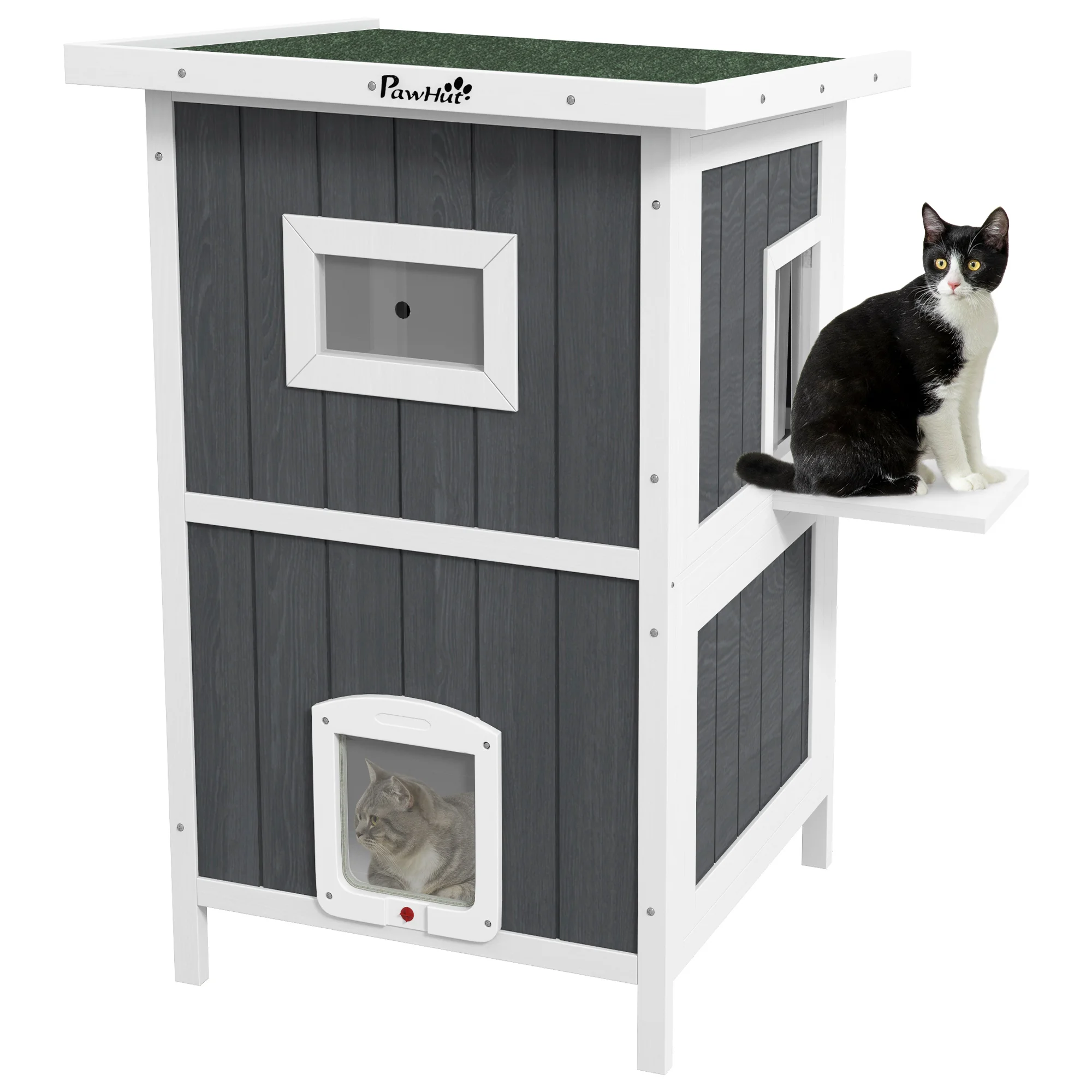 Outdoor Cat House, Wooden Cat House 2 Tiers Cat Shelter with Weatherproof Roof, Removable Floor, Escape Doors, Gray