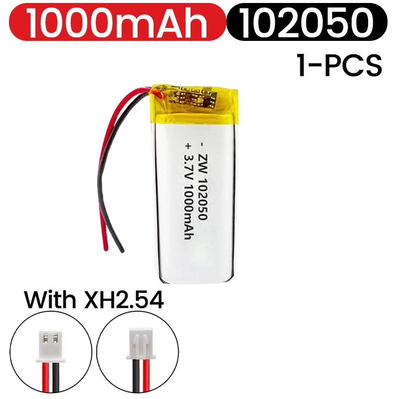 102050 3.7V 1000mAh Lipo Cells Lithium Polymer Rechargeable Battery for Beauty Instrument GPS LED Light with PCB+XH2.54