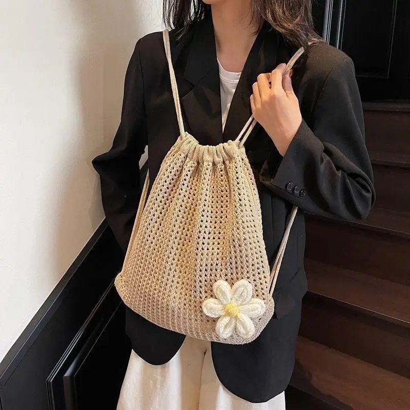 Large Capacity Bohemian Crochet Backpack Solid Color Knitting Shoulder Bag Hollow Out Beach Travel Female Shopping Tote Bag