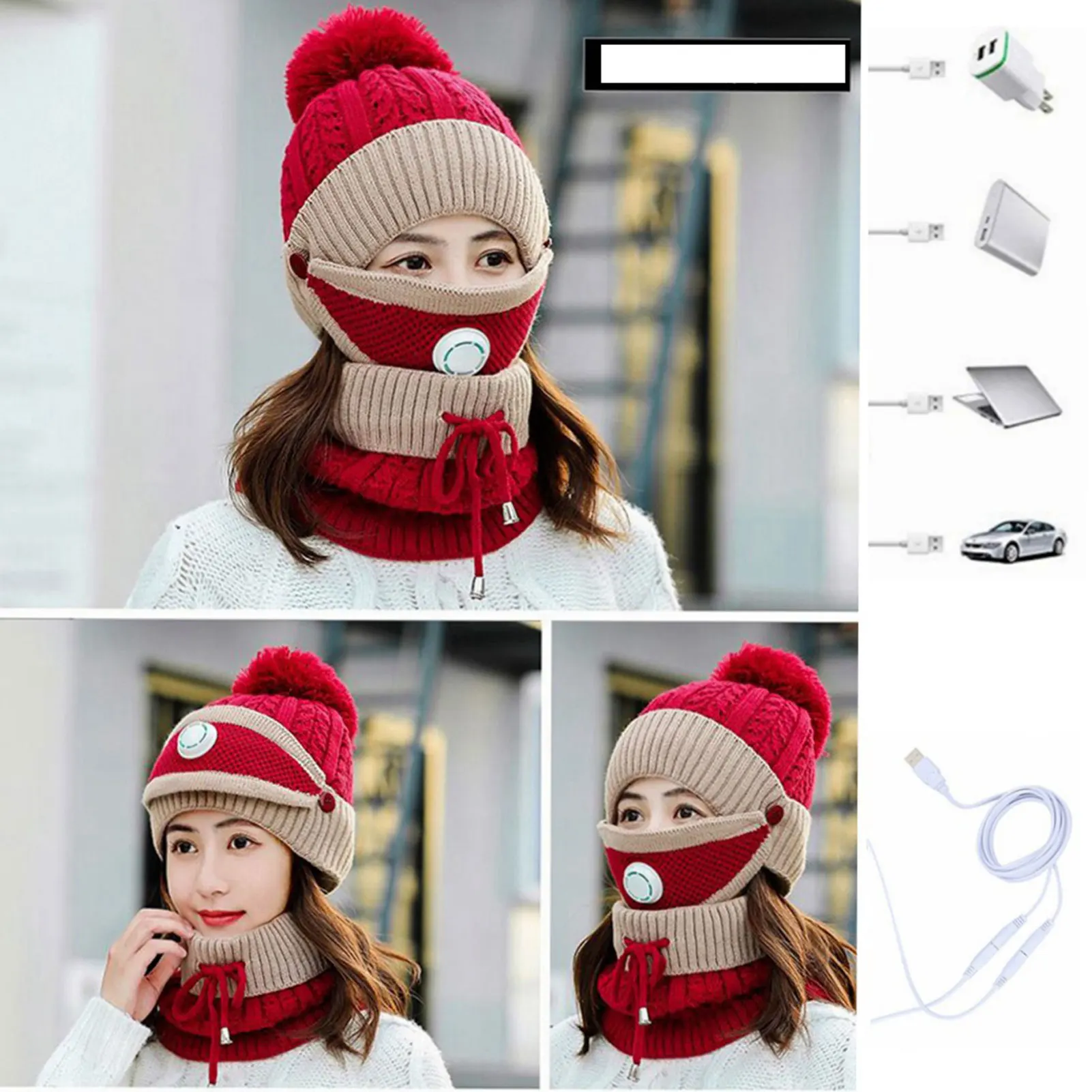 Gorro con calefacción USB, bufanda, sombrero, máscara, diseño de válvula transpirable, filtro de sustancias dañinas para correr, esquiar, ciclismo