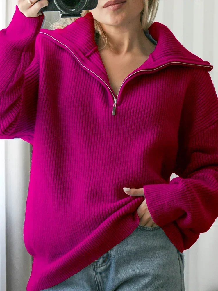 Women Sweater Oversize Zipper Knitted Pullover Long Sleeve Solid Color Loose Ladies Sweaters Autumn Winter Women\'s Turtleneck