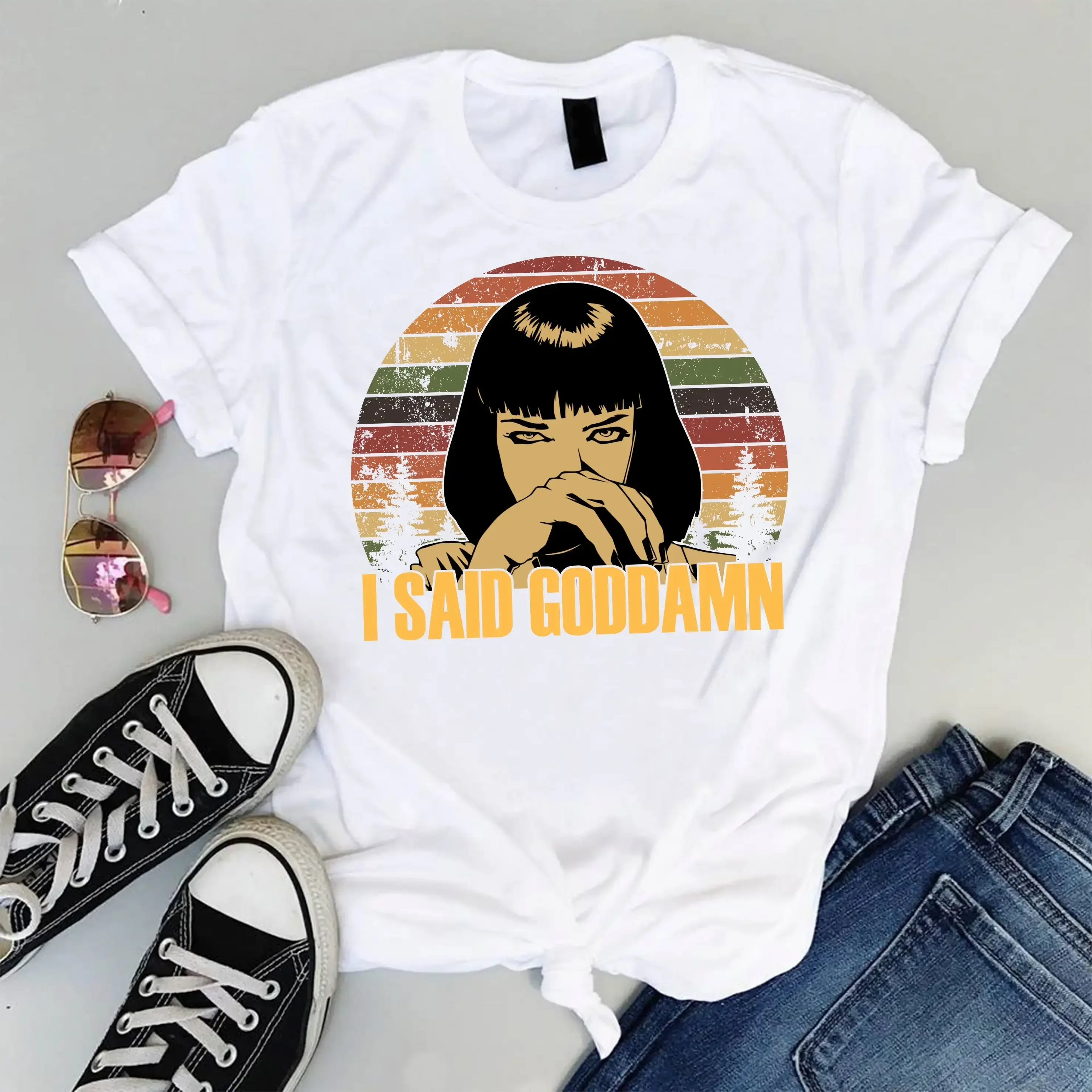 Mia Wallace Pulp Fiction Art Tarantino Print Tops Casual Ladies Basic O-collar Short Sleeved Women T-shirt Girl,Drop Ship