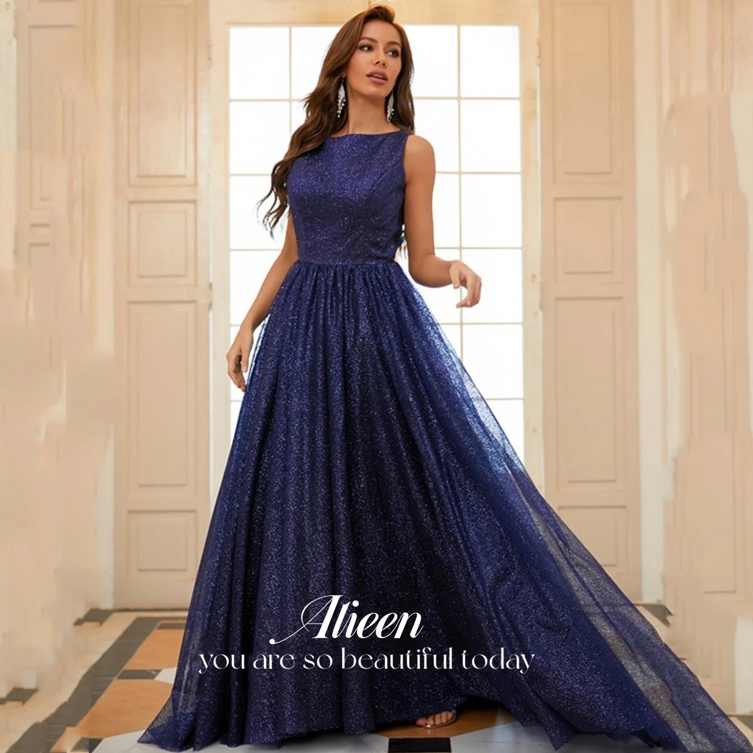 

Aileen Shiny Evening Gown Line A Wedding Dress Party Evening Elegant Luxury Celebrity Navy Blue Womens Dresses for Prom 2023