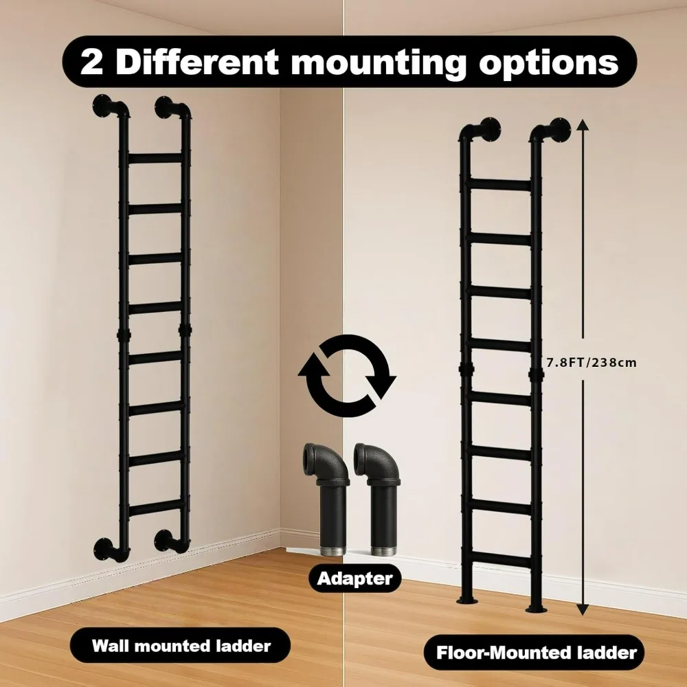 8-Step Wall-Mounted Heavy-Duty Metal Ladder, 8FT Egress Window and Loft Access for Basements, Attics, Bunk Beds, and Fire Safety