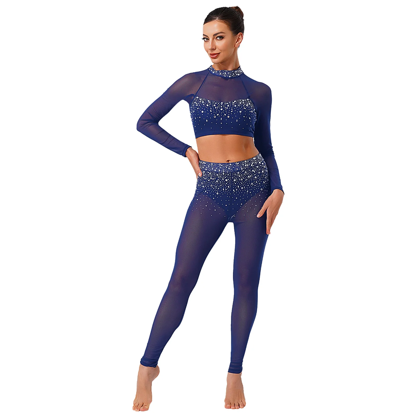Completo da donna moderno per pattinaggio di figura, top a maniche lunghe + slip incorporati, leggings, collant, abbigliamento da ballo per allenamento di ginnastica latina