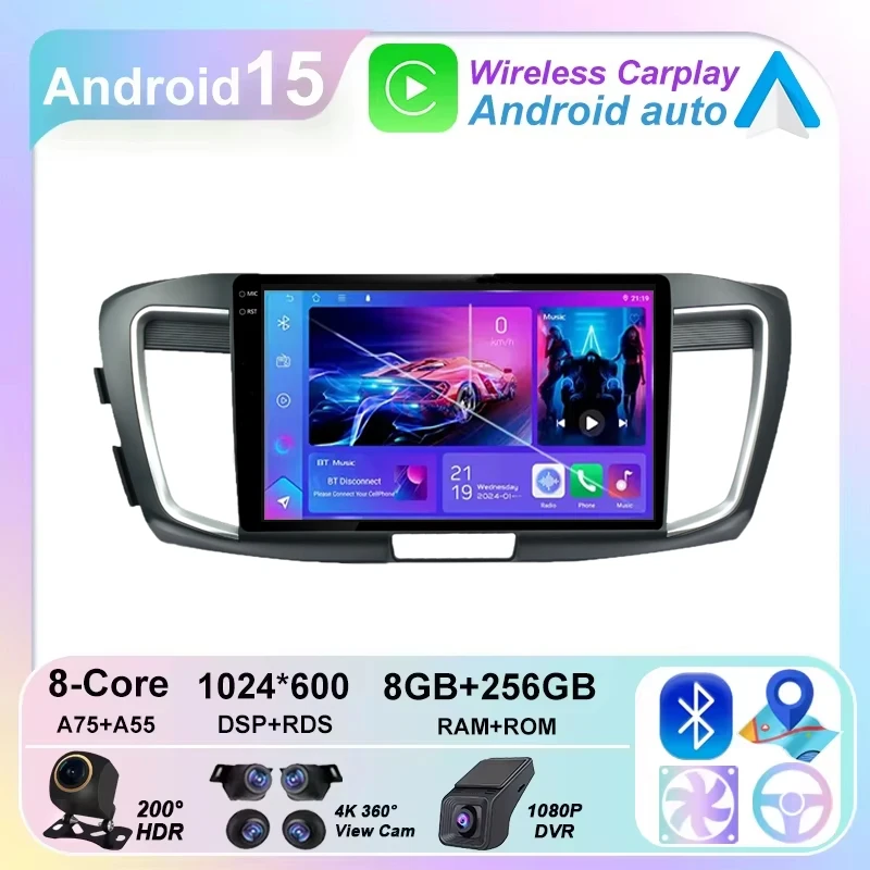 

Автомобильное радио Android 15 для Honda Accord 9 2014-2017 Auto 360 ° Камера GPS-навигатор Плеер Развлекательная система CarPlay 2din