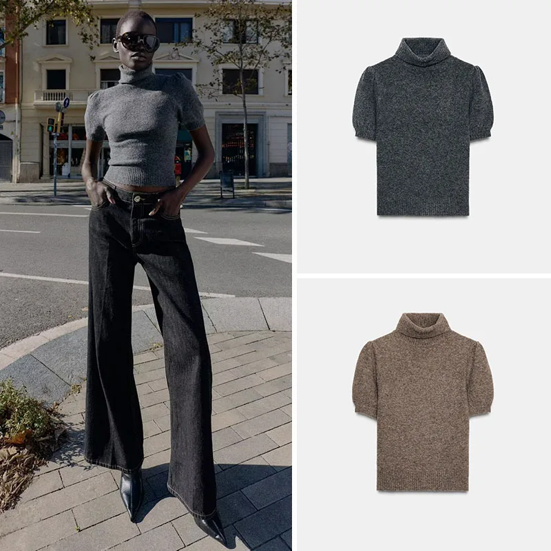 

Ele High Collar Bubble ort Sve Knitted Sweater Women's Faion Casual Sle Slim Fit Bubble Sve Top New Arrival