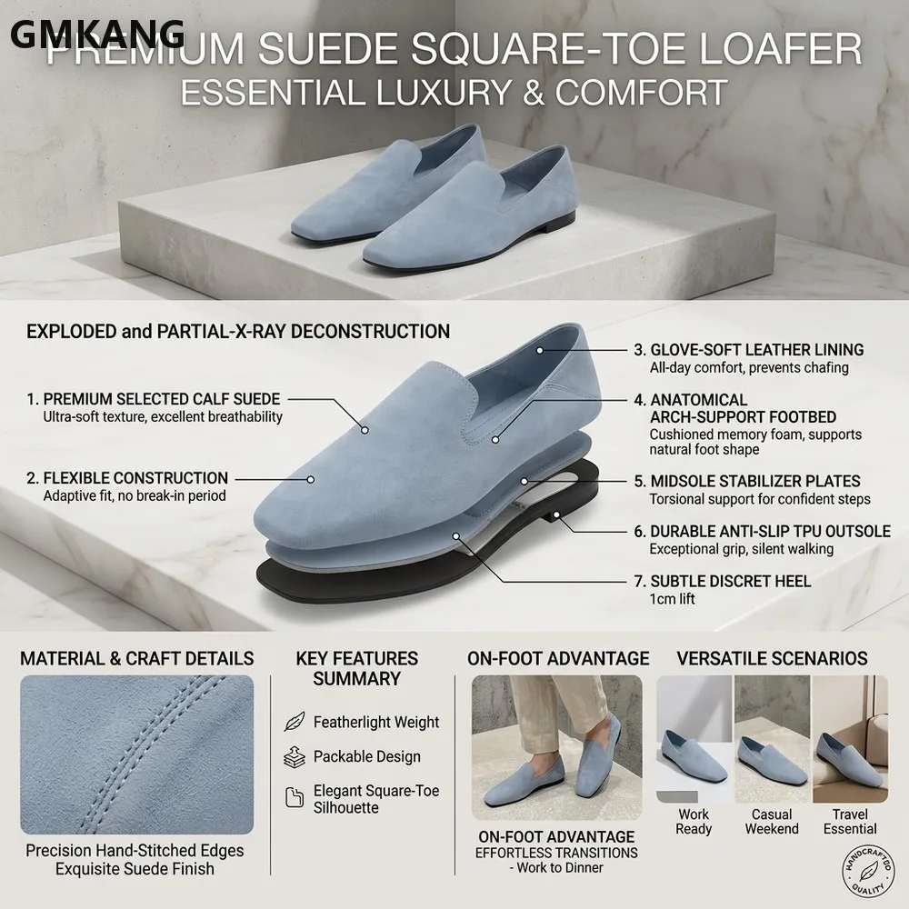 Women’s Square Toe Loafers Flat Heel Slip On Shoes Lychee Pattern Minimalist Comfort Casual Loafers for Office Daily Wear