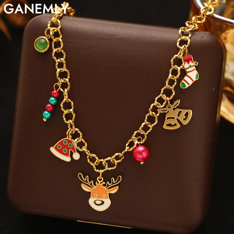 

GANEMLY 316L Stainless Steel Christmas Metal Reindeer Hat Socks Pendant Necklace For Women Trend Christmas Jewelry Holiday Gift