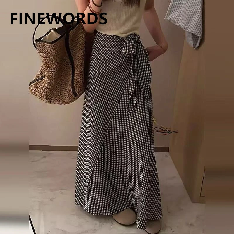 

FINEWORDS Vintage Plaid Skirt Women Korean Streetwear Easymatch High Waist Long Skirt Casual Loose A Line Skirt