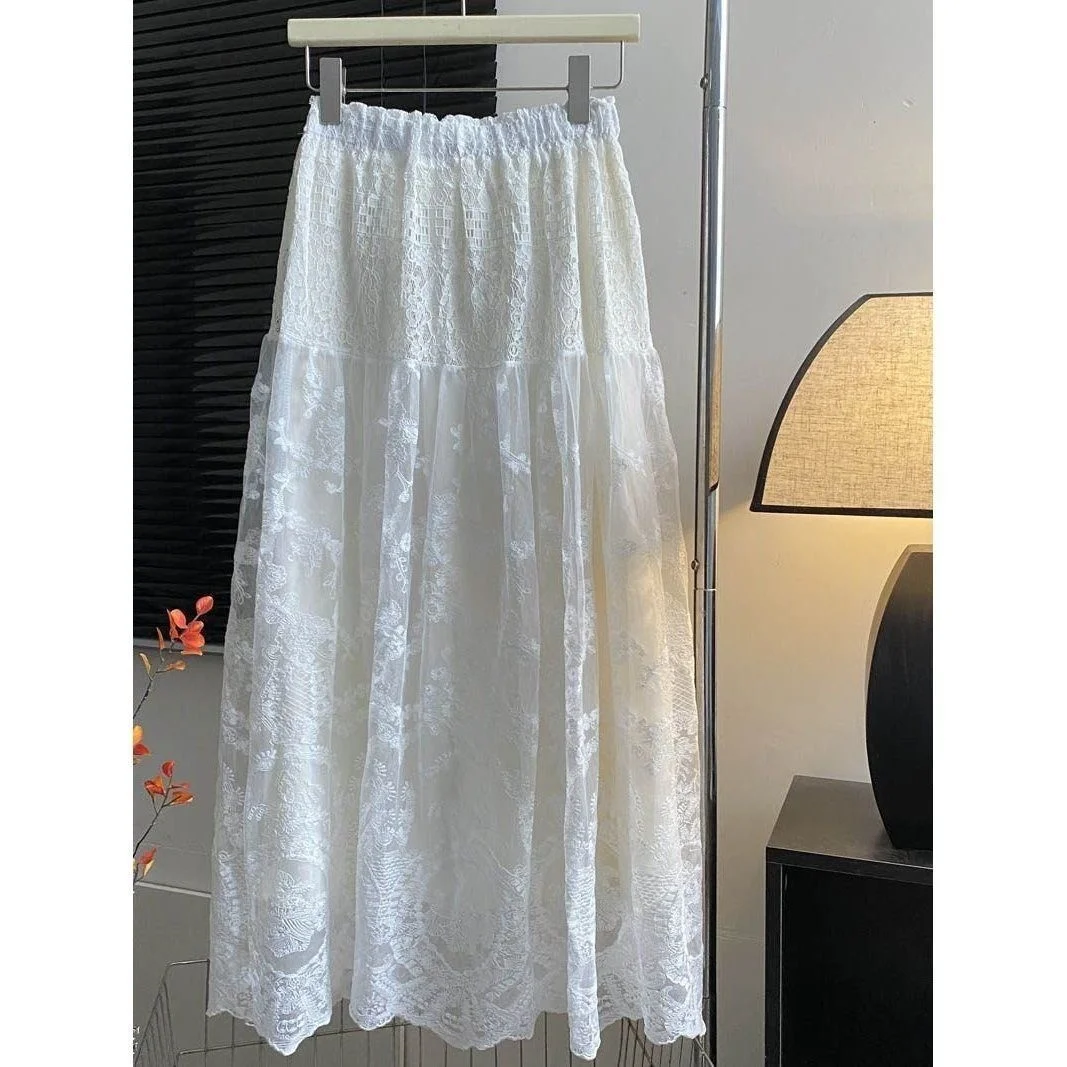 Elegant High Waist Long Skirt Spring Summer New Style Embroidered Lace Mesh Half Skirt Women's Casual Polyester Fiber A-Line ...
