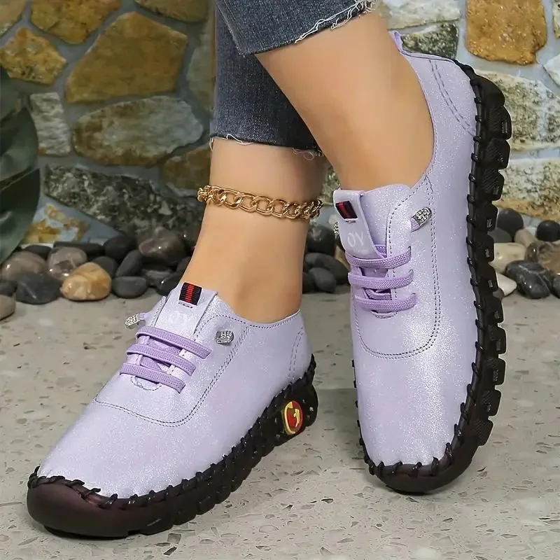 2024 New Flat Sneakers for Women Comfortable Lace Up Non-slip Round Toe Faux Leather Casual Walking Shoes Flat Shoes Size 44 45