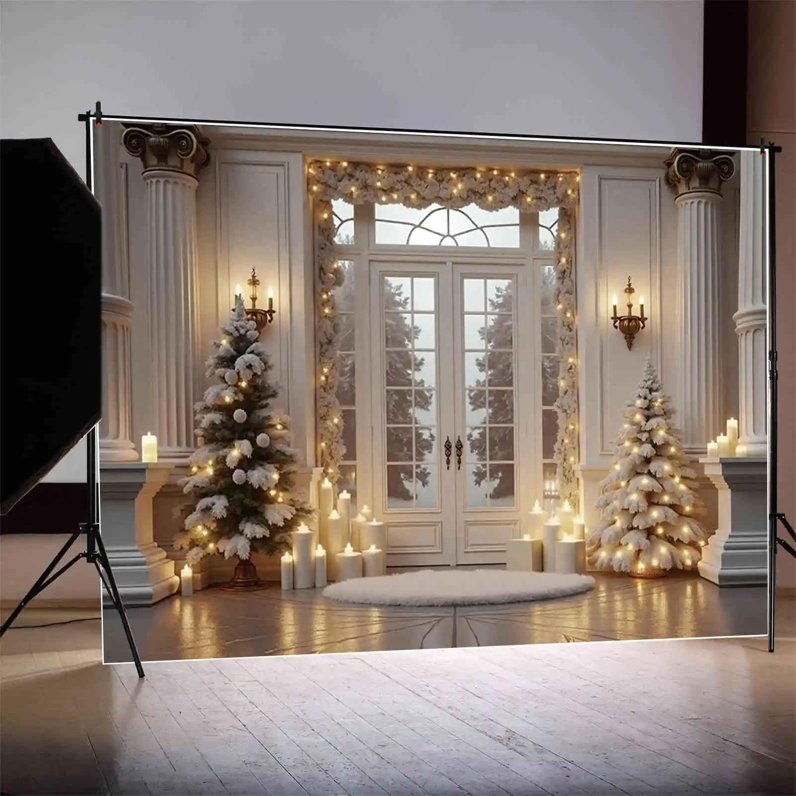 MOON.QG świąteczne białe zasłony zdjęcia tło Xmas sosna światła dekoracyjne Photocall tło 2025 rekwizyty do studia fotograficznego