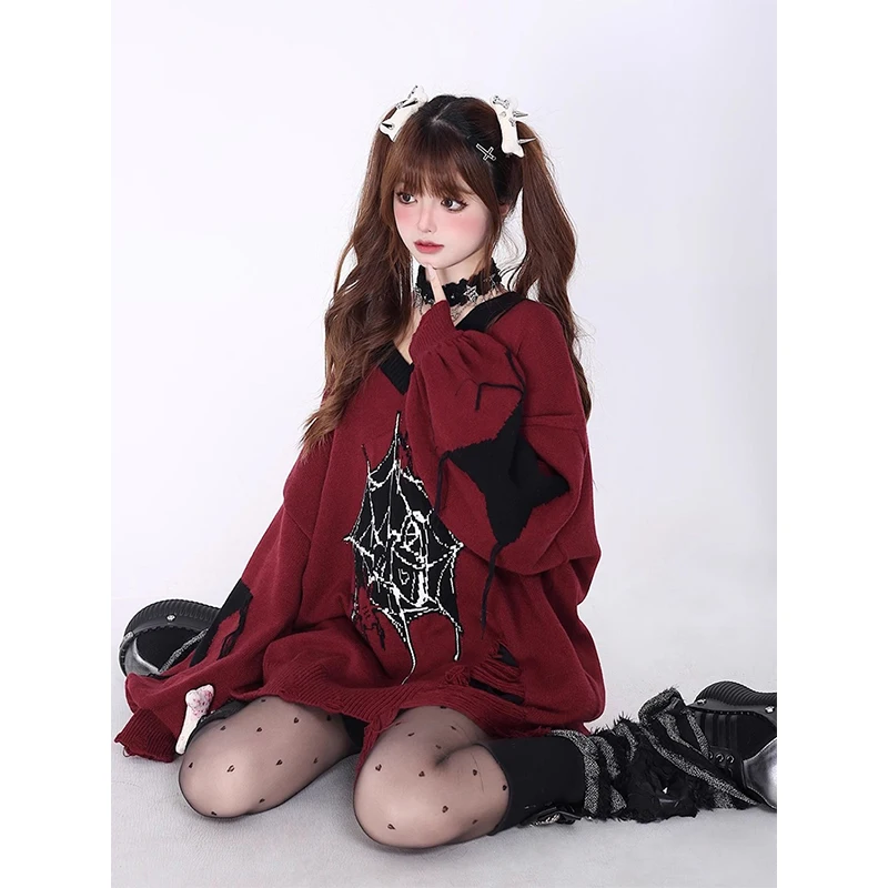 سترة نسائية مطبوعة من MEXZT Y2K 2000S بلوفرات هاراجوكو ممزقة كبيرة الحجم بلوفرات محبوكة على الطراز القوطي على شكل حرف V سترة شتوية