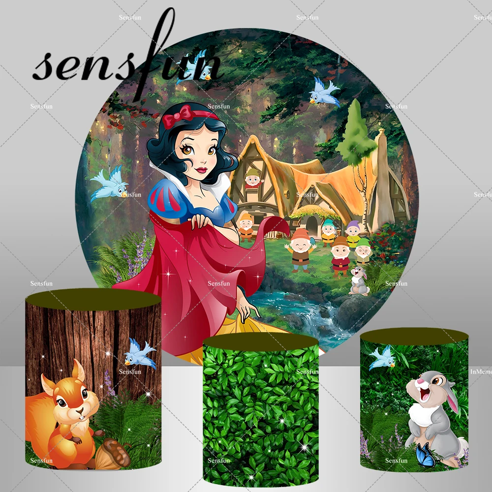 Forest Princess Snow White And The Seven Dwarfs Round Backdrop Cover for Girls Birthday Party Squirrel Rabbit Plinth Covers