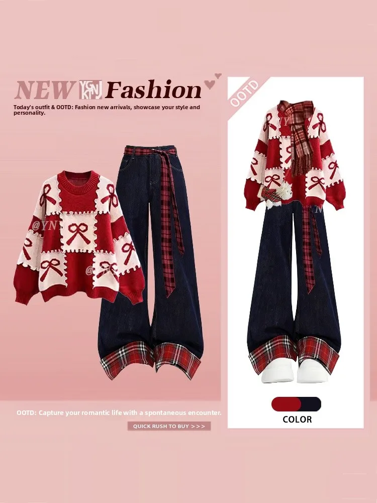

Sweet Red Plaid round Ne Sweater High Waist Wide Leg Denim Pants Knot New Year Two Piece Set Women's Faion Ense...