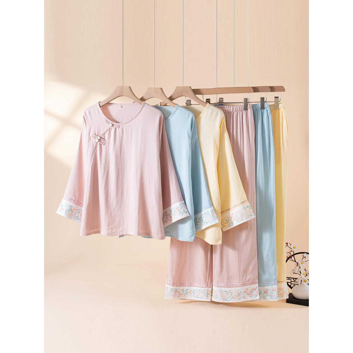 2-Piece Women's Pajama Set, Chinese Style Cooling Sleepwear, Bamboo Cotton Blend Long Sleeve & Long Pants, Loose Fit Lightweight