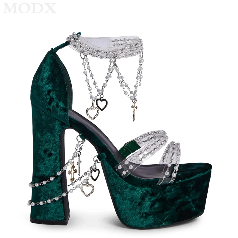 Green Suede Platform Chunky High Heels 2024 Summer Girls Pearl Chain Decor All-match Sandals Fashion Sexy Runway Nightclub Shoes