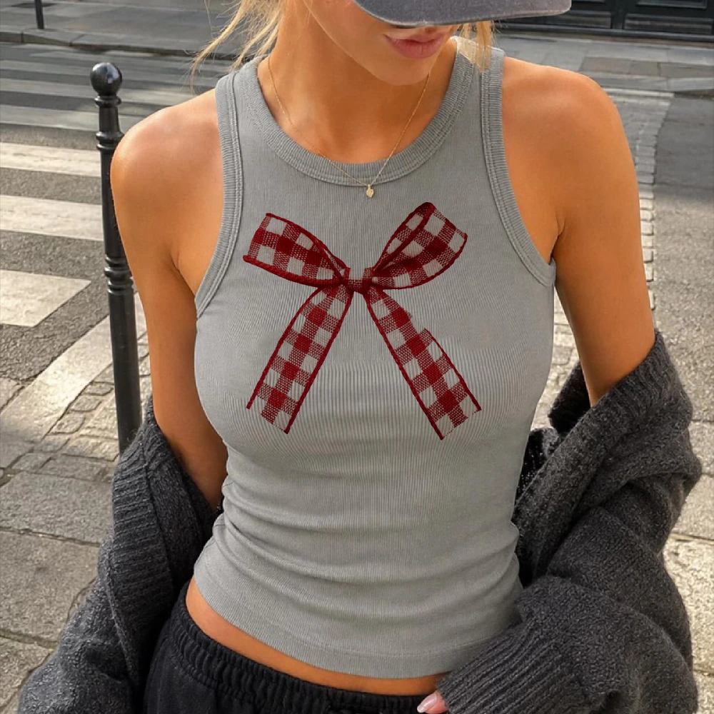 Aesthetic Gingham Bow Graphic Slim Ribbed Camiseta Mujer Red Plaid Bow Crop Top Y2k Girl Coffee Date Sleeveless Vest Hot Girl