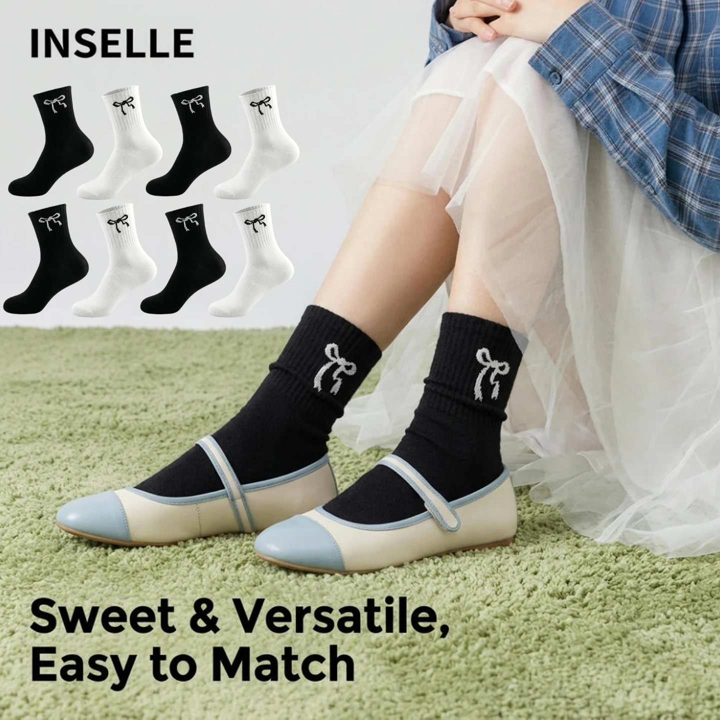8 Paar Balletcore-Style-Socken mit Schleifenmuster und rundem Halsausschnitt, weiße Camisole-Socken, bequeme Wadenlange Socken