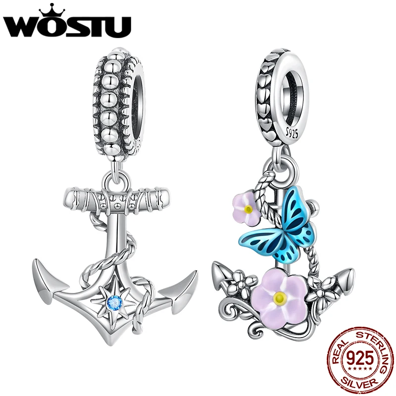 WOSTU 925 Sterling Flower Ship Boat Anchor Dangle Charms Beads For Jewelry Making Fit Original Bracelet DIY Necklace CQC2401