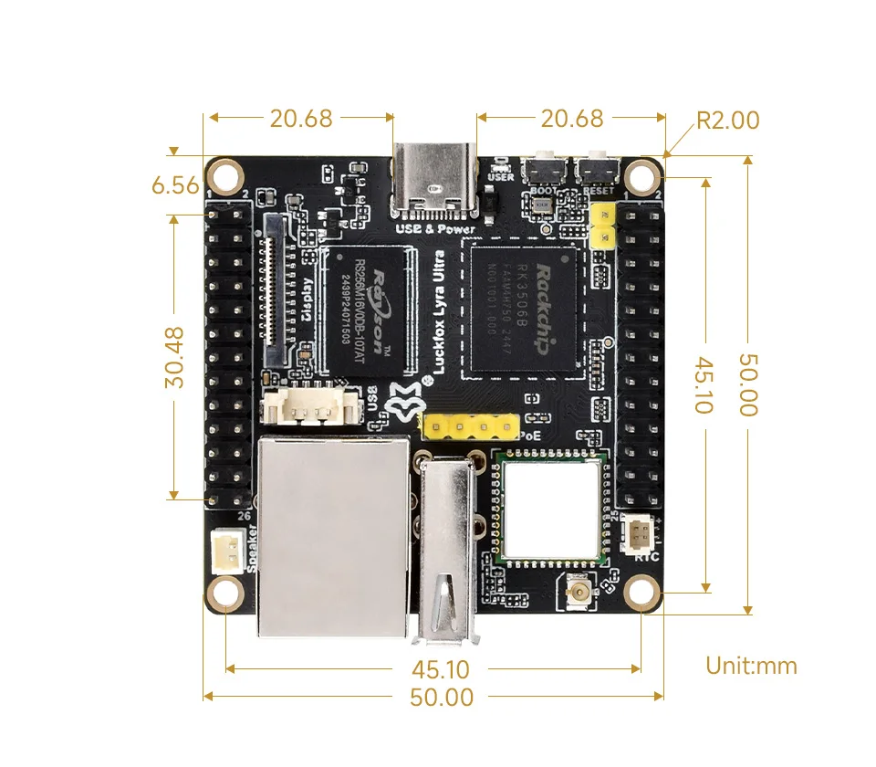 Luckfox Lyra Ultra RK3506B Linux Микроплата разработки, 8 ГБ eMMC, включает трехъядерные процессоры ARM Cortex-A7/ARM Cortex-M0