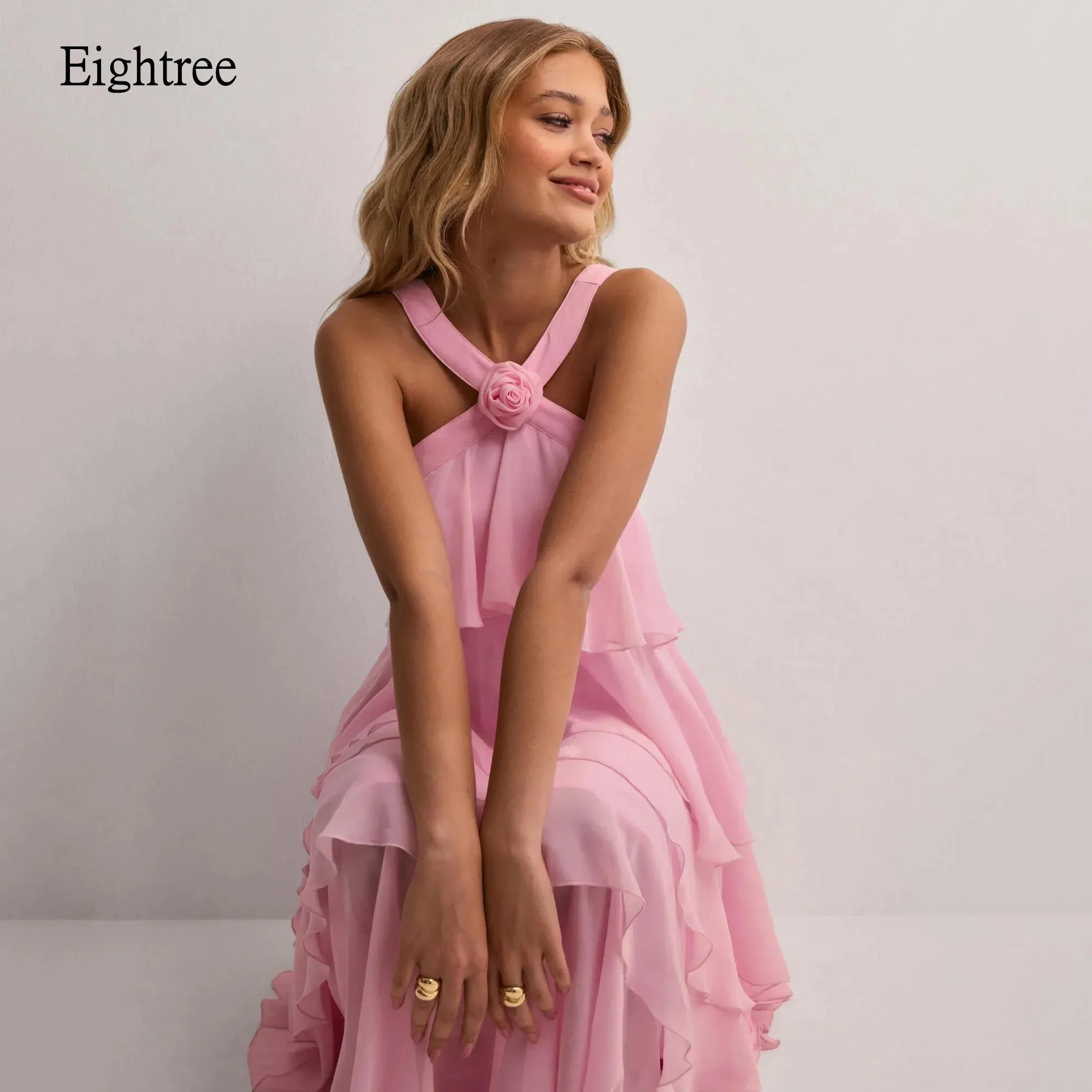 

Eightree Pastrol Pink A Line Prom Gowns Backless Tiered Party Gown Vacation Floor Length Evening Dress Customized