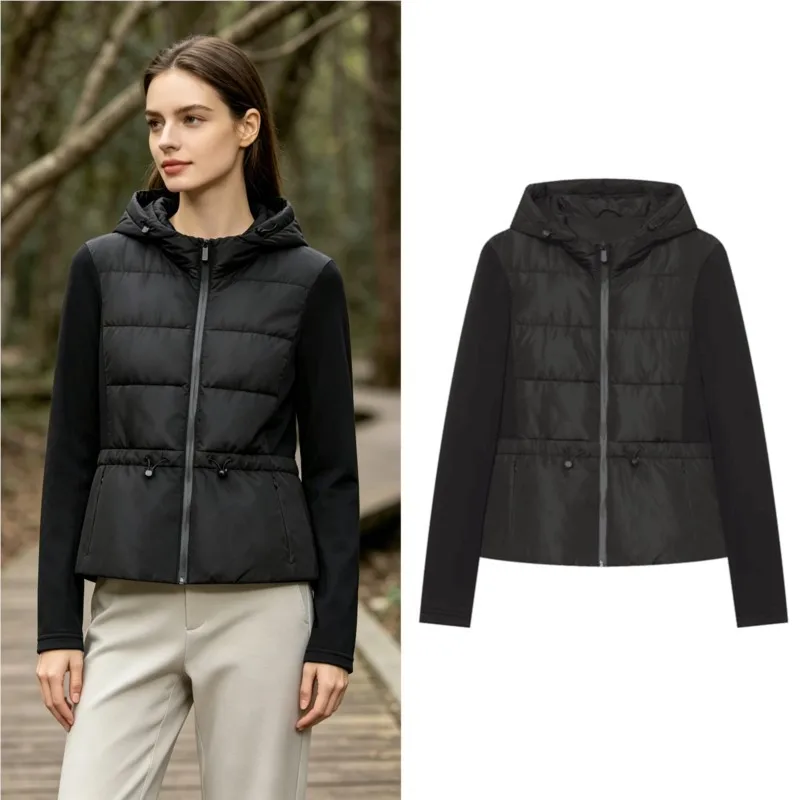 Women's Winter Jacket Splicing Hooded Long Sleeve Zipper Adjustable Drawstring Coat Casual Fashion Female Streetwear Outerwear