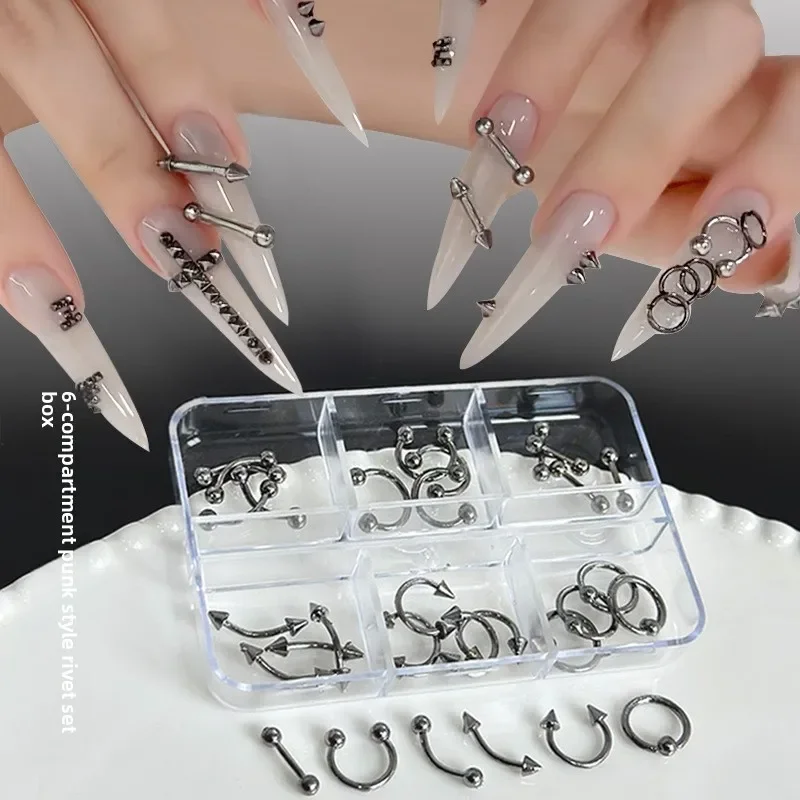 3D Nail Supply 30pcs/box 6 Grids Nail Piercing Punk Charm Metal Alloy Pierced For Cool Girl Черно-белые украшения для ногтей