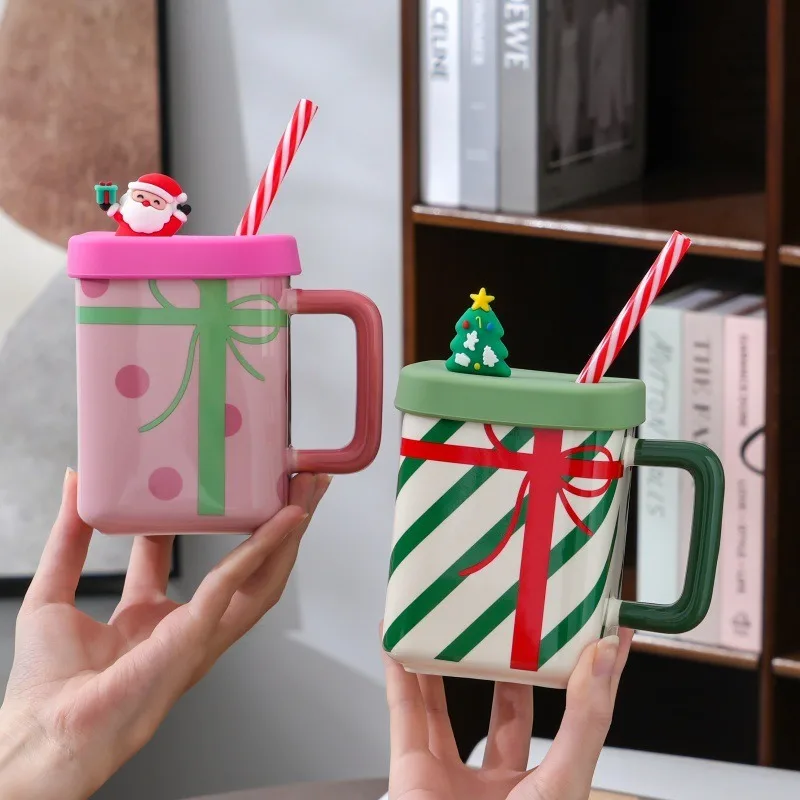 

Cute Santa Claus Ceramic Mug With Handle Lid Straw Home Oat Milk Coffee Breakfast Cup Couples Christmas Gift 450ML