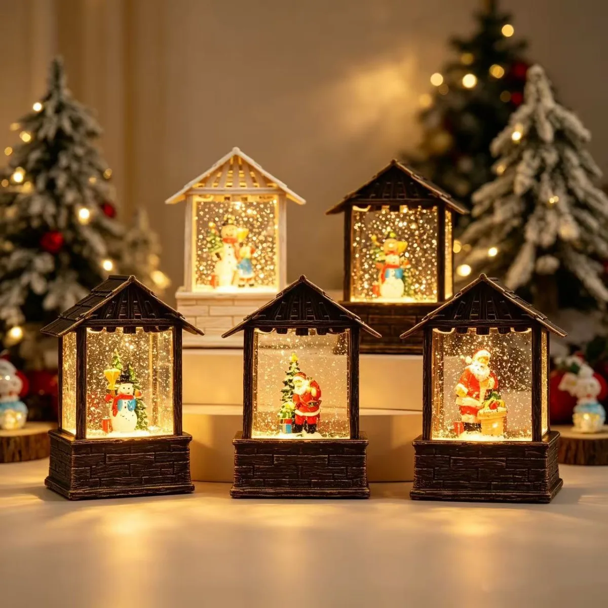 New Christmas Flat House Water Lantern, LED Light Up Floating Snow Globe Ornament, Xmas Tabletop Holiday Home Decor