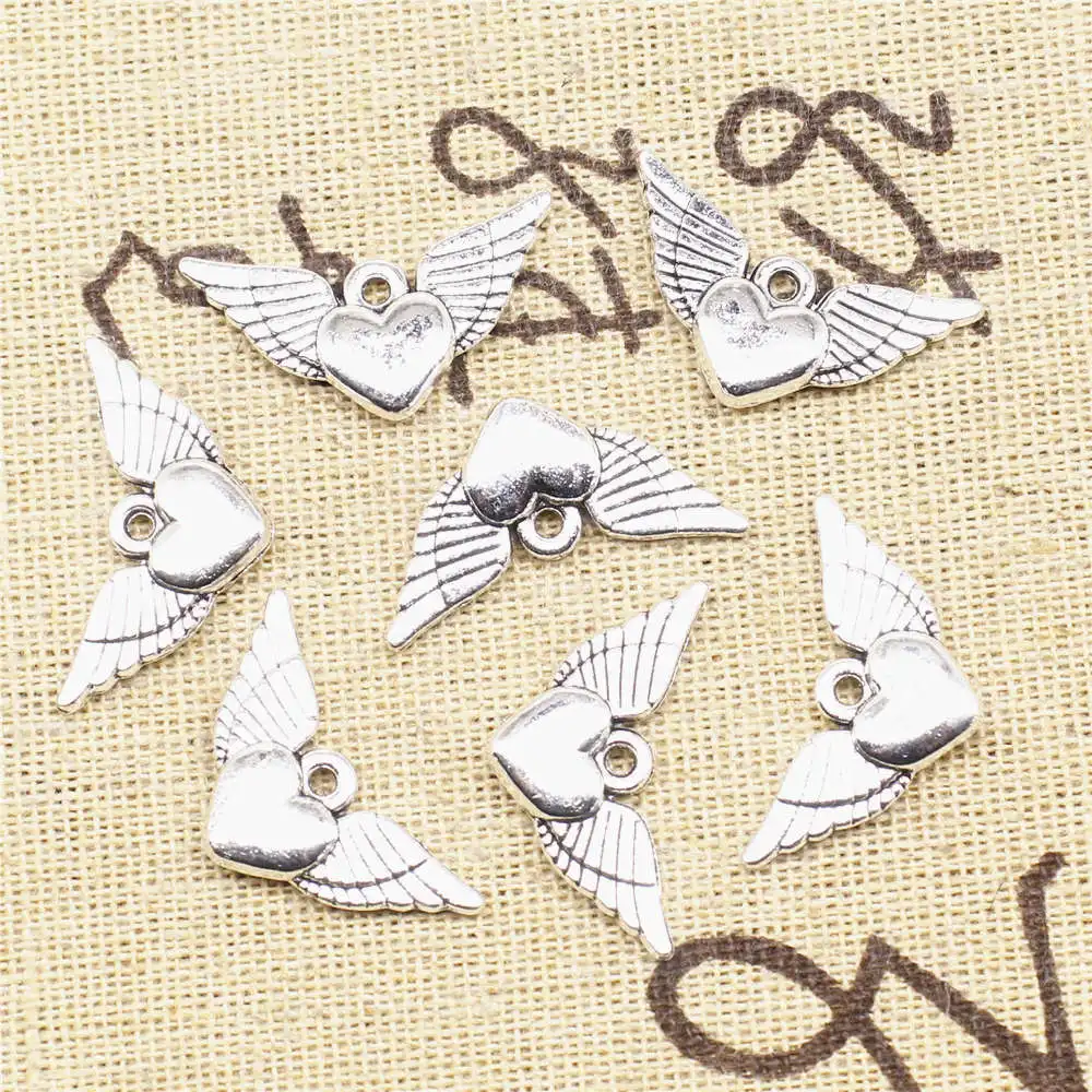 Diy Jewelry Craft Charms Love Heart Wings Antique Silver Color Jewelri Pendant 14x25mm 5pcs