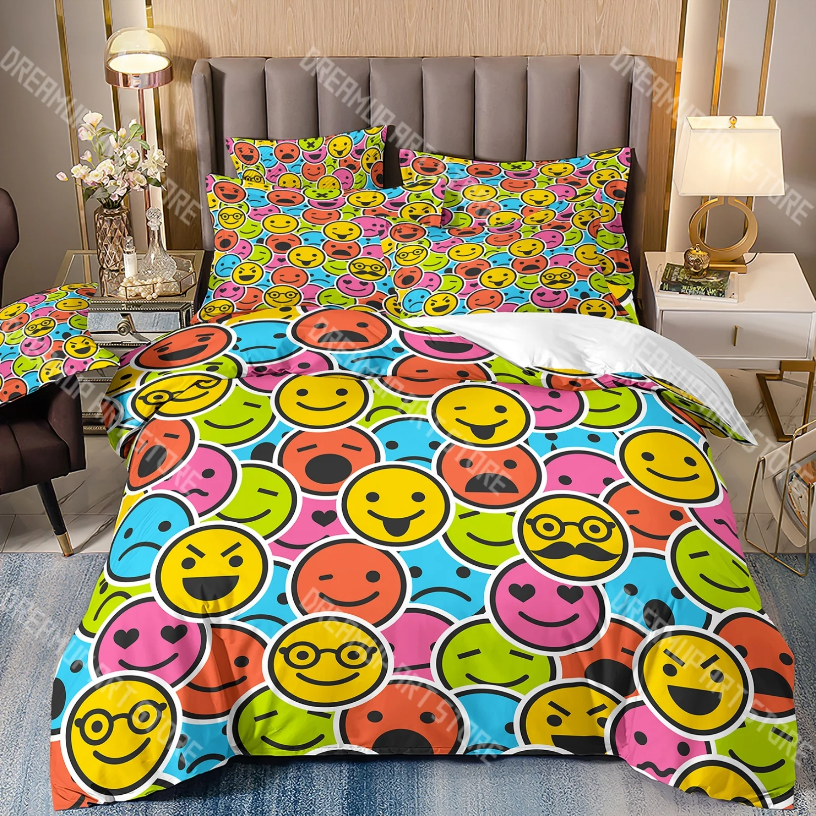 Fashion Smiling Face Graffiti Bedding Set Single Twin Full Queen King Size Bed Set Kids Bedroom Duvetcover Sets Bed Sheet Set
