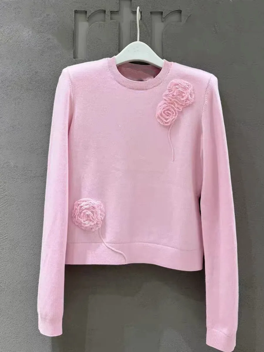 High-End Version Autumn Winter Knitted Top round Neck Long Sleeve Embroidery Slim Fit Elegant Style French Style  Item