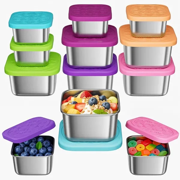 

12Pack 6oz Stainless Steel Snack Containers and 2oz Salad Dressing To Go Containers with Silicone