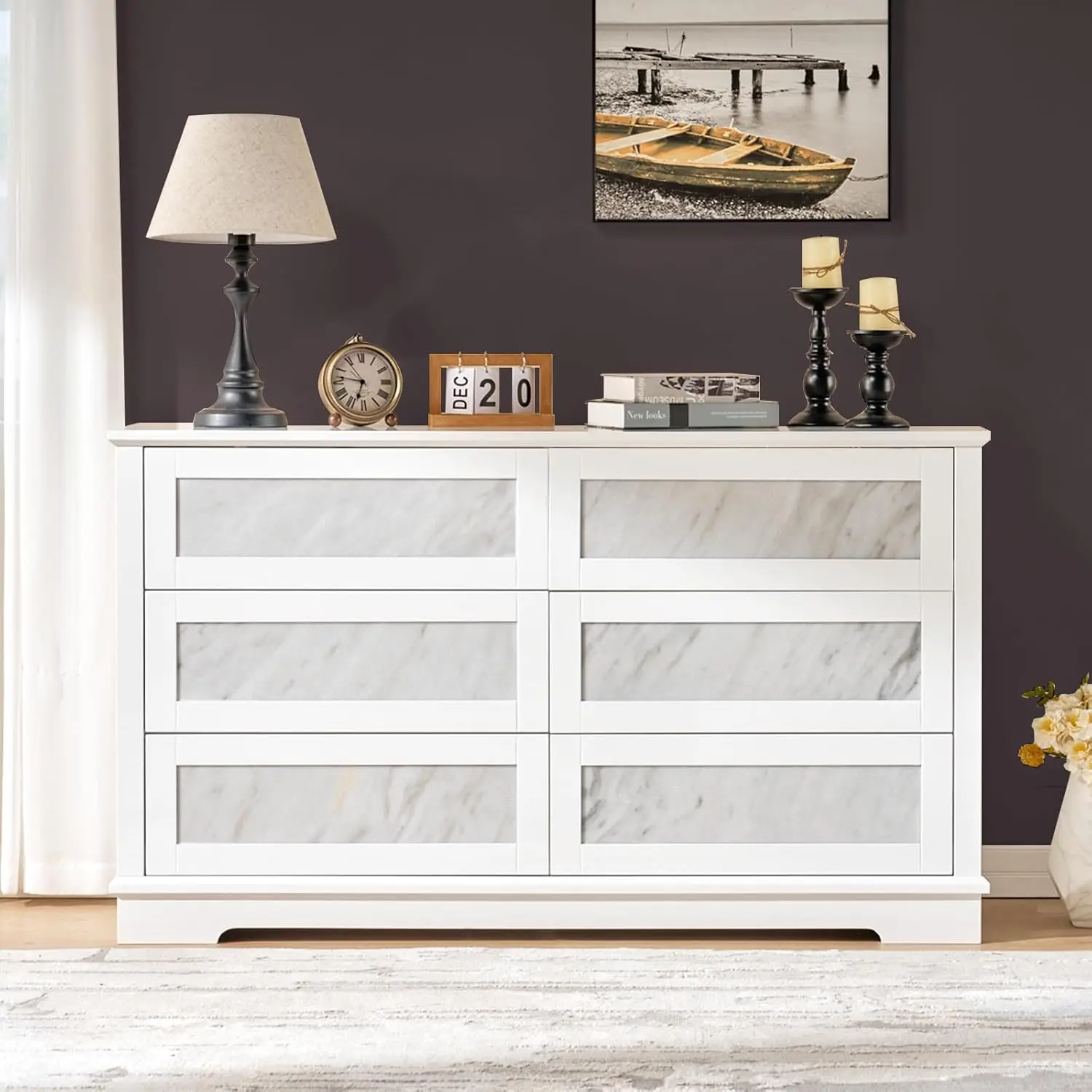 

High-Gloss 6 Drawers Dresser, 54" Natural Marble Chest of Drawer, Modern Cabinet, Closet Drawers.