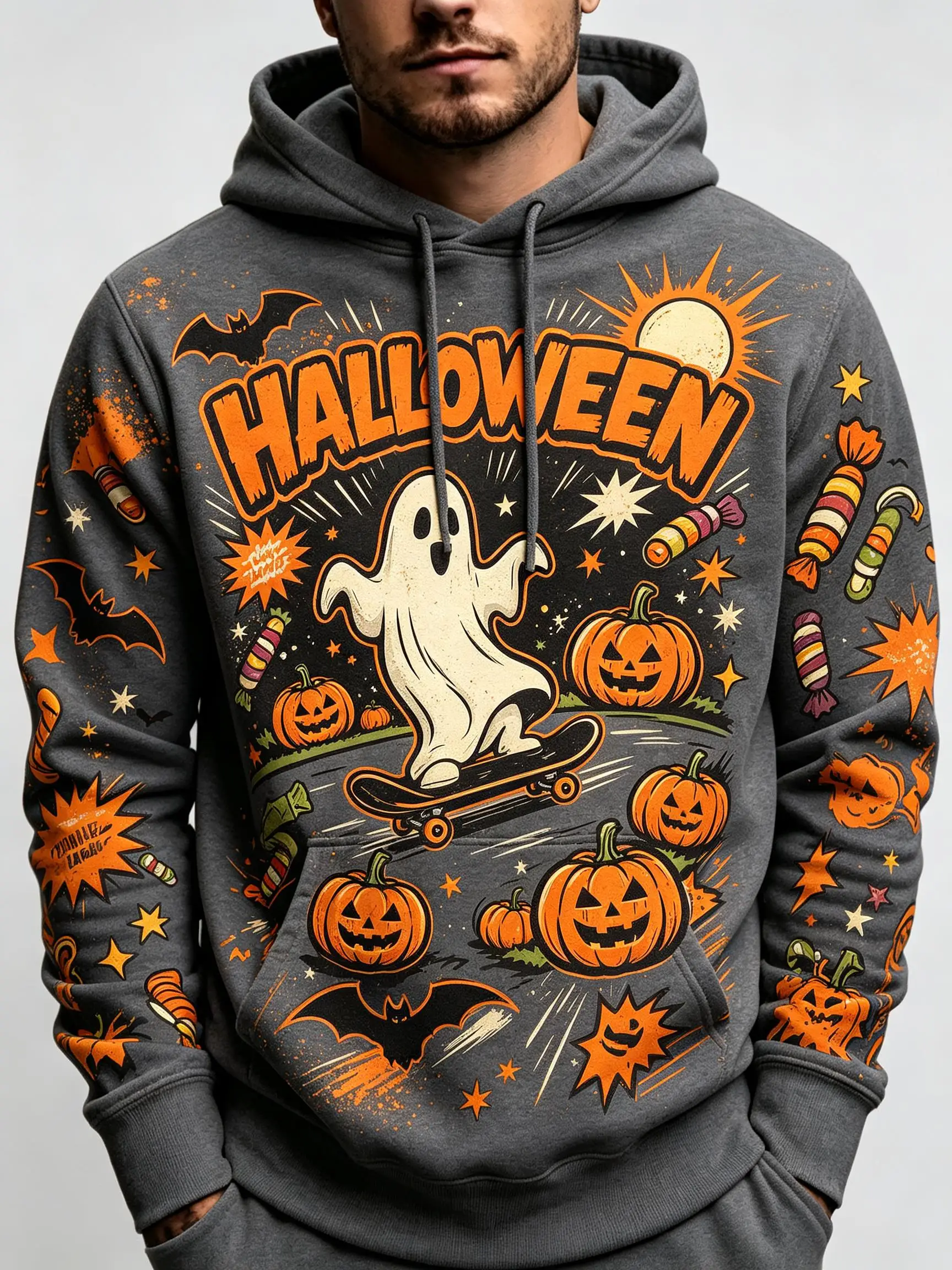 2026 Men Thin Sweatshirt Autumn Winter Hoodie Halloween Pumpkin Ghost Graphic Print Long Sleeve Male Tops Men's Clothes