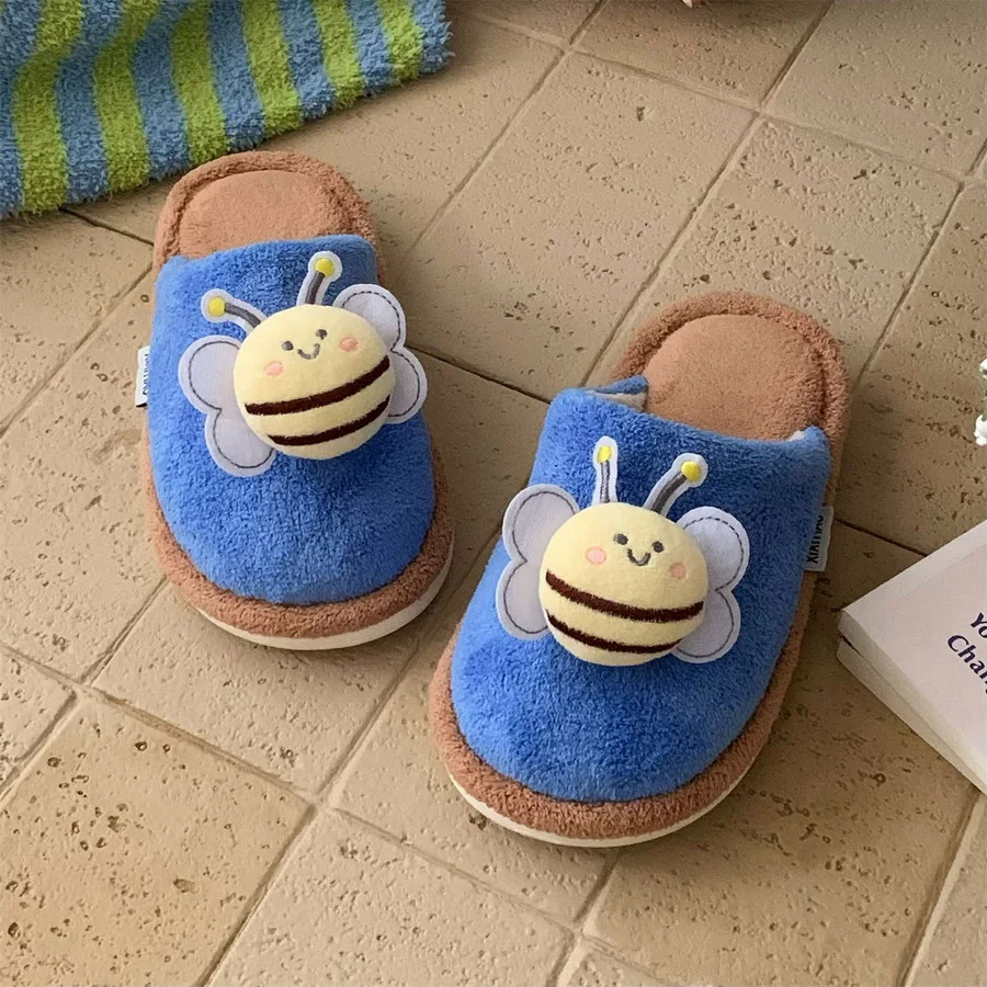 

New fuzzy bee slippers women's winter warm mules shoes indoor lovely flip flops woman room slipper 44 45 lady animal home shoes