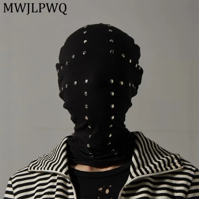 

MWJLPWQ Men's Punk Rivet Design High Street Hooded Caps Personalized Hip-Hop Knitted Face Mask Unisex Hat Summer Autumn 16458
