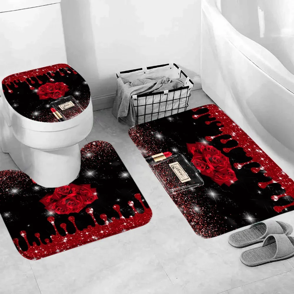 Cortina de ducha del Día de San Valentín, tacones altos rosas, lápiz labial, botella de perfume, alfombra de baño romántica a rayas blancas y negras, decoración de baño