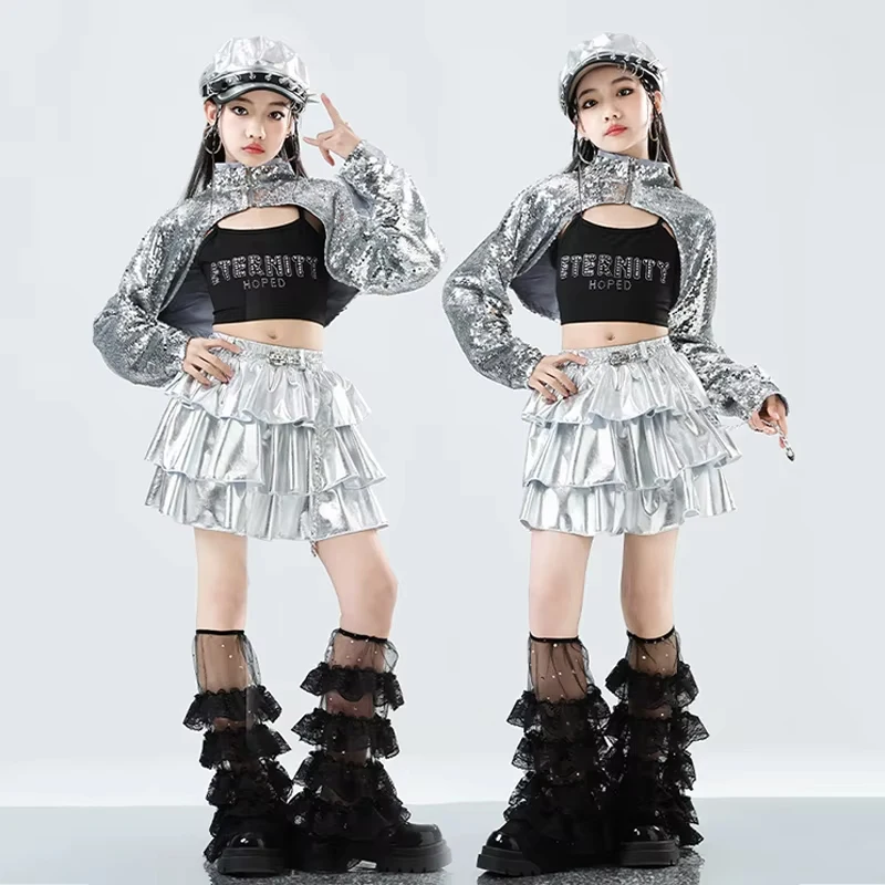 

Детский костюм для джазового танцевального шоу, модная одежда для девочек K-Pop, детская сценическая одежда в стиле хип-хоп, топ с блестками, серебряная юбка VDL3274