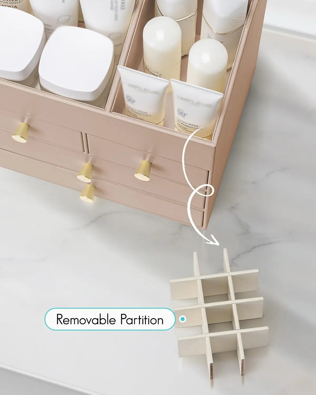 Large Vanity Organizer with 4 Drawers, PU Leather Makeup Storage for Lipstick and Brushes, Toffee Color