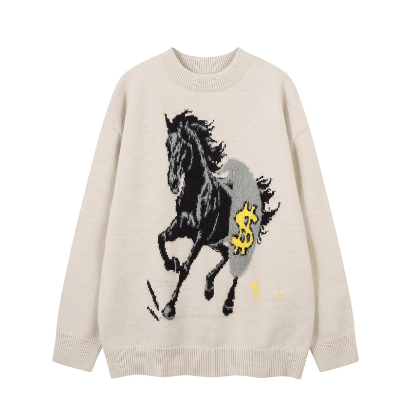 

Jacquard Horse $ Short Mink Fur Knitt Sweater Crewneck Men Women Black Apricot Vintage Loose High Street Sweater Sweatshirts