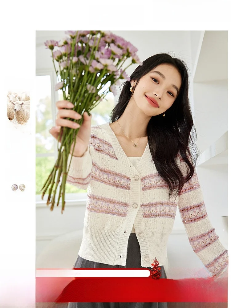 

Женский вязаный кардиган с V-образным вырезом в полоску, осенняя новинка, свободный крой, дышащий, с длинными рукавами, для стройности