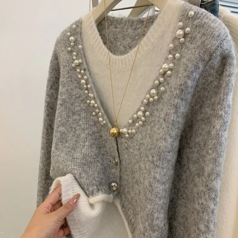 Matakawa Grey Fake 2 Pieces Women Sweaters Contrast Color Beading Autumn Winter Pull Femme Korean Fashion Chic Pullovers