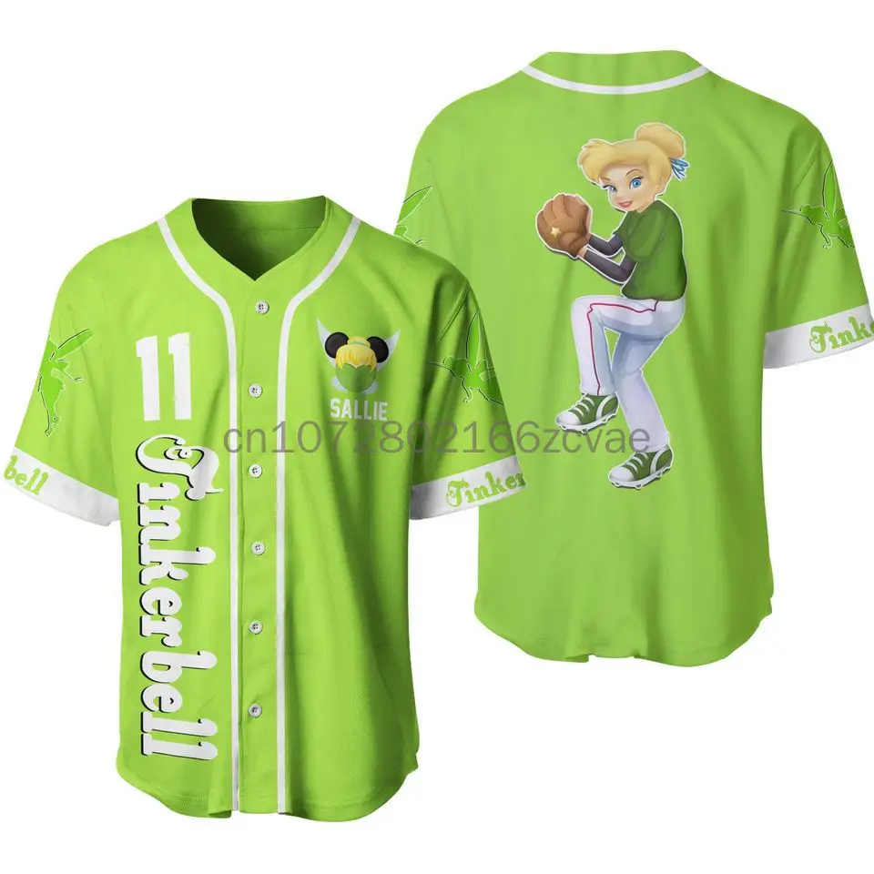 New Disney Tinker Bell Baseball Jersey Men\'s Women\'s Kids Short Sleeve Button Baseball Shirt Casual Sports Shirt